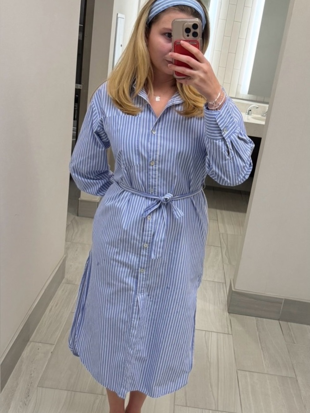Blue and White Striped Button-Up Shirt Dress with Waist Tie and side slot opeing